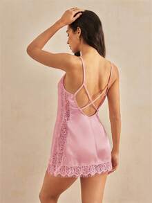 Charlaine 一件法式时尚秋季婚礼蕾丝花卉吊带夏季度假睡裙，浪漫简约优雅缎面女士睡衣 - 粉色 - 查看 2