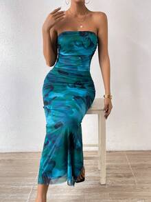 Rafferiza Petite 女士优雅露肩紧身全印花连衣裙长款女士服装 - 綠色 - 查看 4