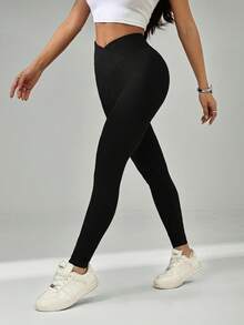 SHEIN PETITE 2pcs Women Yoga V-Neck Pants, High Waist Criss-Cross Fitness Sports Leggings - Multicolor - View 8