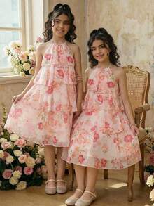 Tween Girl Loose Elegant Halter Neck Sleeveless Ruffle Floral Print Chiffon Midi Dress Elegant  Wedding Outfits - Pink - View 7