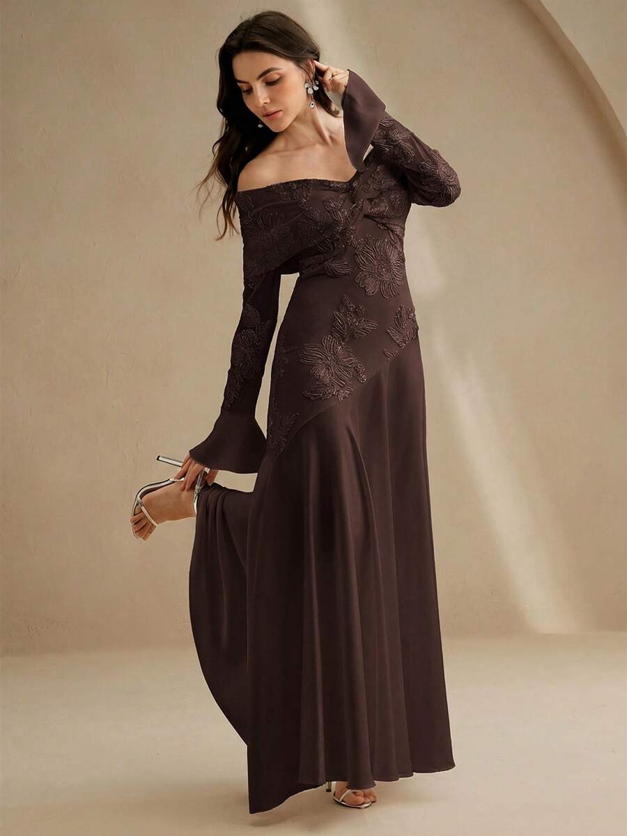 Anewsta White Elastic Fitted Flare Sleeve Off Shoulder Long Dress For Women - Brown - View 1