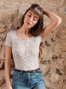 lacRébo Ditsy Floral Print Rib Bodysuit With Button Front Detail Spring Summer Casual Boho French Style Parisian Style - Multicolor - View 4