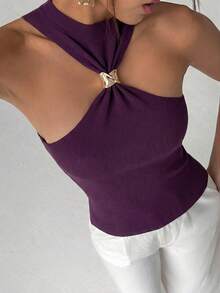 Aloruh 女士优雅简约现代金属装饰船领露肩套头针织毛衣，夏季针织上衣 - 紫色 - 查看 5