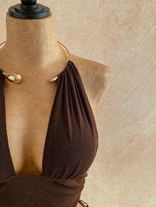 Soleia New Metallic Accent Knit Halter Neck Top, Suitable For Holiday, Date, Afternoon Tea, Beach, Cruise, Road Trip, Music Festival, Boho Vacation - Brown - View 4