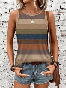 SHEIN LUNE Camiseta de tirantes de talla grande con rayas de contraste para el verano - Multicolor - Ver 5
