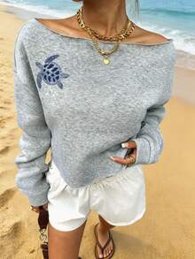 SHEIN EZwear Women's Off-Shoulder Cropped Sweatshirt, Suitable For Fitness, Dancing, Autumn/Winter, Loose Fit Casual Crew Neck Long Sleeve Thick Sweatshirt - Multicolor - View 7