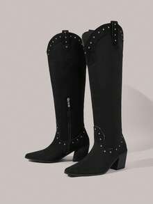 Styleloop Women's Fashion Black Studded Embellished Chunky High Heel Knee-High Boots - Black - View 2