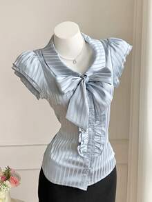 Comfortcana Women's Elegant Commuter Striped Shirt With Bow Decor, Summer Vacation Wear, American Casual, Valentine's Day,Carnival, Home Leisure, Beach,Holiday Summer Spring Break Spring Vacation Graduation Wedding Party Ceremony Elegant Vacation Casual Beach Vacation Summer Blue Elegant 2000 Y2K Cute Girly Chest Tied Blouse With Bow Decor - Grey - View 7