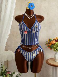 Bellisia Áo bikini mùa hè cho nữ với họa tiết sọc sóng và trang trí vỏ sò, bộ bikini 2 mảnh thời trang đi biển. - Nhiều màu - Xem 1