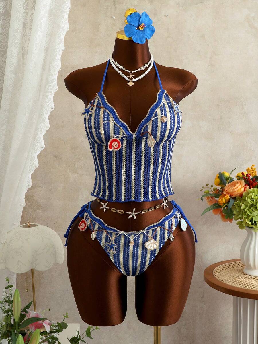 Bellisia Áo bikini mùa hè cho nữ với họa tiết sọc sóng và trang trí vỏ sò, bộ bikini 2 mảnh thời trang đi biển. - Nhiều màu - Xem 1