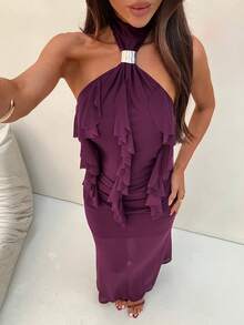 Aloruh 女士春夏新款纯色紫红色、栗红色、茄紫色无袖露背荷叶边下摆优雅派对连衣裙，性感又不失优雅 - 紫紅色 - 查看 9