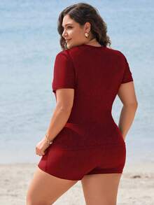 Swim SPRTY Bộ đồ bơi nữ cỡ lớn đi biển, gồm áo tay ngắn cổ chữ V và quần short. - Đỏ - Xem 2