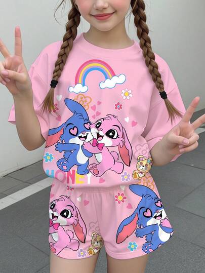 2pcs/Set Tween Girls' Casual Cute Cartoon Blue Rabbit Stitch & Pink Angel Pattern Short Sleeve T-Shirt And Shorts Set, Suitable For Summer, Back To School, Vacation, Kids Fall Fashion, Kids' Cozy , Sweet Style,  Weekend Outfits, Back To School Fashion, Fall New Style, Y2K, Girls Outfit Sets, Two Pieces Set, Tween Girl Clothes, Sets For Kids, Chill Vacation, Cute Sets, Summer Clothes, Stitch Stitch Clothes Girls Stitch Clothes Girl Girls Pajama Kawaii Clothes Cute Aesthetic Summer Shirts Girl