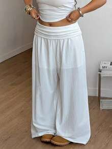 Coolane 女士加大码春夏乡村音乐会外出海滩装扮波西米亚风简约水洗100%纯棉白色弧形裤脚长裤 - 白色 - 查看 3