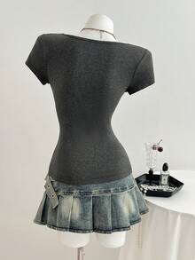 Elamini 夏季性感V领蕾丝蝴蝶结修身短袖T恤灰色上衣女装时尚2000年代初哥特风夏季 - 深灰色 - 查看 2