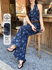 DAZY 女士全印花系带腰部宽松阔腿牛仔连体裤 - 藍色 - 查看 6