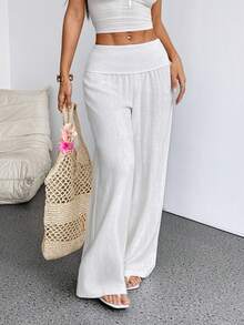 SHEIN PETITE Women Casual Solid Low Wasit Wide Leg Pants - White - View 6