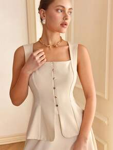CLARA VERO Button Front Peplum Tank Top & Skirt - Apricot - View 3