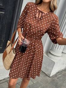Pariaura Women's Polka Dot Pattern Tie Neck Short Sleeve Casual Dress - Brown - View 5