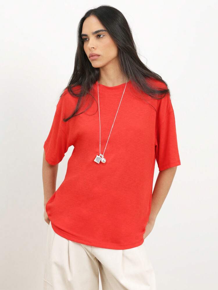 KSTM Women's Oversized Red Crew Neck Short Sleeve Mesh Tee Summer Casual Breathable Top
