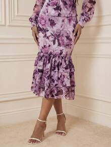 Anewsta Spring & Summer Floral Print Bodycon Layered Ruffle Hem Fishtail Vacation Holiday Sheer Skirt For Women - Mauve Purple - View 6