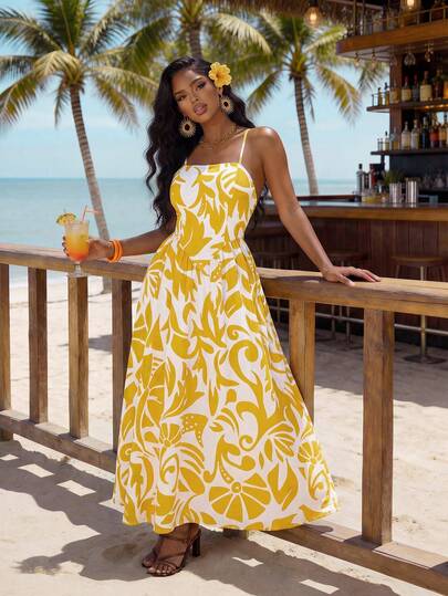 SHEIN Lady Women's Summer Vacation All-Over Print Waist Tie Dress