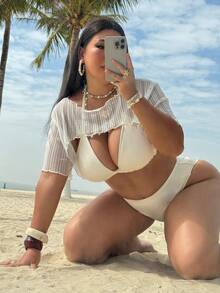 Slaydiva Plus Size Women White Asymmetrical Short Sexy Beach Cover Up - White - View 5