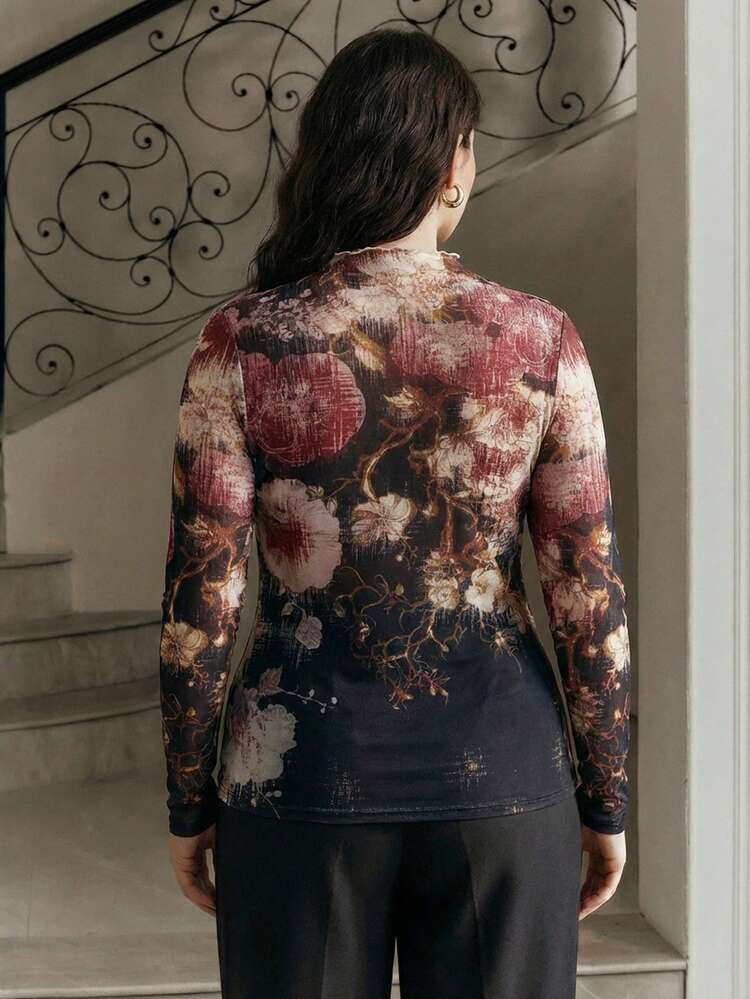Anewsta Plus Size Women's Elegant Stand Collar Long Fitted Regular Shoulder Long Sleeve Top, Lightweight Semi-Sheer Fabric With Floral Placement Print, Subtly Showcasing Feminine Charm, Suitable For Daily Outings And Vacation Wear