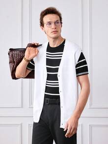 Officeau V领纽扣前开襟休闲纯色男士毛衣背心 - 白色 - 查看 4