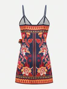 Swim Oasis 女士度假休闲热带印花系带吊带裹身裙 - 藍色 - 查看 6