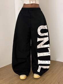 StreetHx 女士宽松阔腿裤，松紧腰带，大字母印花 - 黑色 - 查看 3