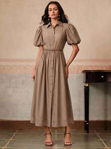 Anewsta Ny brun elegant damklänning med volangkant och åtsittande midja, perfekt för semester och dejter. - Kaki - Visa 5