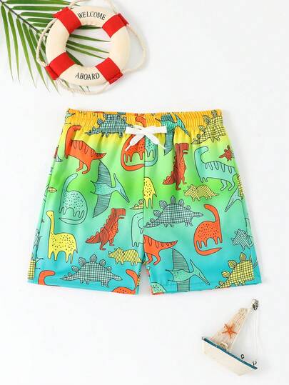 SHEIN Bộ đồ bơi co giãn thoải mái, in hình khủng long nhiều màu sắc, kiểu ombre, dành cho bé trai, chất liệu mềm mại và co giãn, xu hướng thời trang mới xuân/hè 2026, trang phục mùa hè thiết yếu cho kỳ nghỉ.
