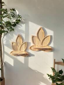 1/2 Pieces Natural Wooden Lotus Wall Rack - Bohemian Zen Floating Rack, Arc-Shaped Leaf Design, Pine Wood Material, Simple Wall-Mounted Storage Rack, Suitable For Living Room, Bedroom, Bathroom, Meditation Space - Space-Saving Decorative Storage Rack (Easy To Install) - Brown - View 4