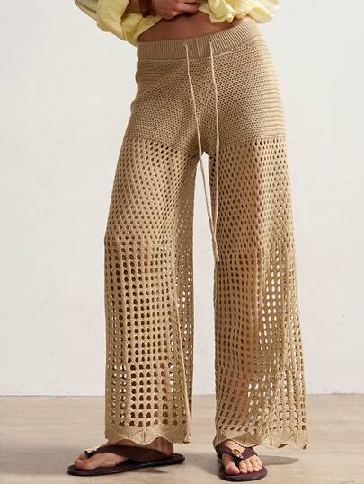 Bohemela 女士纯色抽绳腰镂空阔腿宽松针织裤