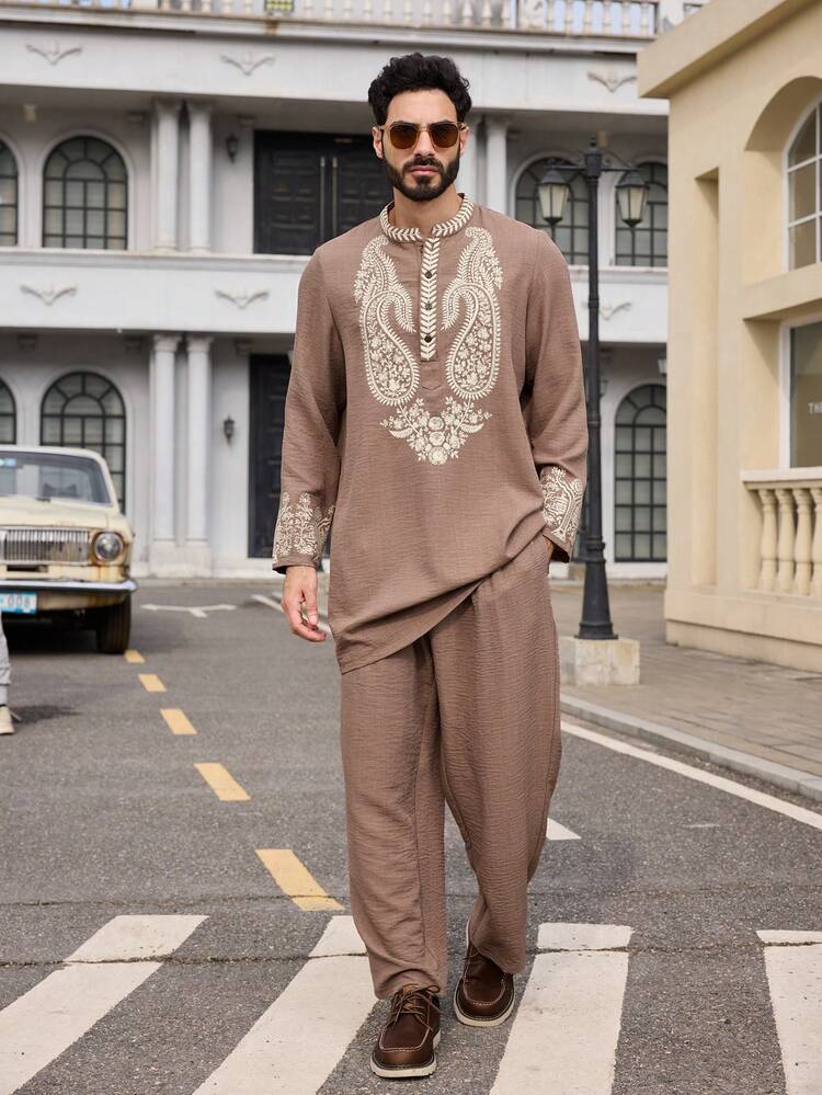 Khaki Mid-Length Printed Pattern Shirt & Pants Set For Men, Spring/Summer