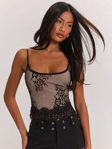 SHEIN BAE 性感透视蕾丝吊带背心，适合夜店、俱乐部、约会、蕾丝上衣、夏季上衣、黑色上衣、早午餐、休闲上衣、音乐节、邮轮旅行等场合。 - 黑色 - 查看 6