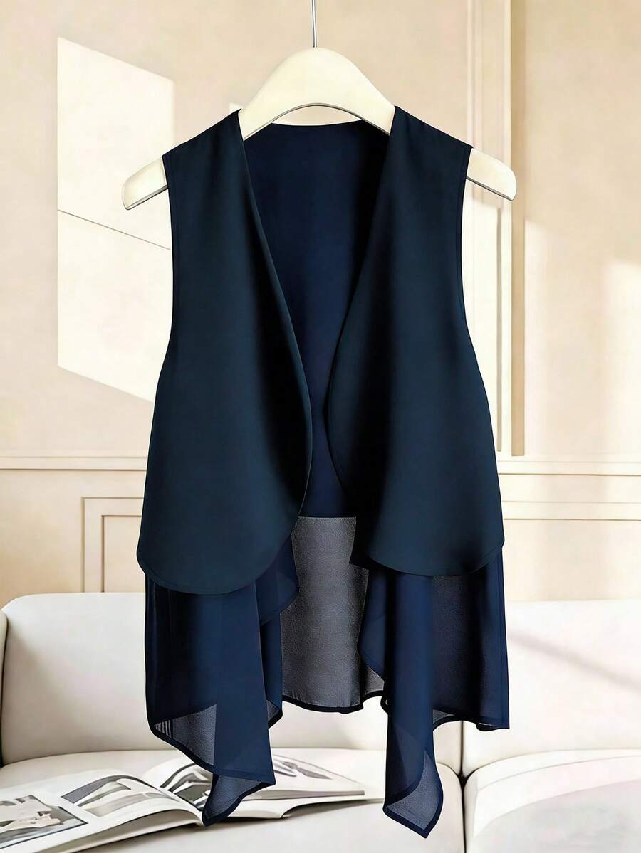 Franclia Áo khoác cardigan nữ dáng lửng không tay cổ chữ V vạt lệch, phối nhiều mảnh vải, kiểu dáng thường ngày. - Màu xanh hải quân - Xem 1