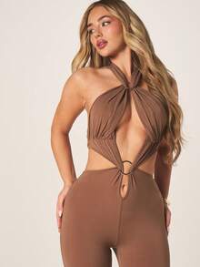 MISSGUIDED Women's Cross Front Plunge Halter Jumpsuit With Cut Out Waist Detail And Flared Leg Design For Evening Party Occasion - Brown - View 4
