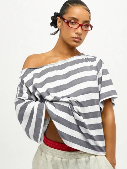 SUMWON WOMEN Plus Size Off Shoulder Striped T-Shirt With Tie Front Detail And Asymmetric Neckline For Casual Everyday Wear