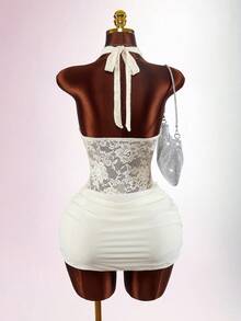 Amplova 2026 New Mixed Material Cutout Waist Low-Cut Bodycon Mini Dress For Women - Apricot - View 12