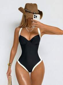 Shapewave Women's Tummy Control One-Piece Swimsuit With Side Splice, Push-Up, Slimming, Brown & Beige - Black and White - View 5