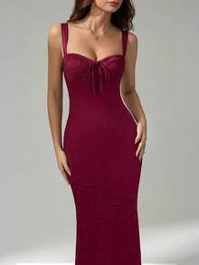 SHEIN Tall 女士纯色蕾丝修身优雅性感约会之夜抹胸美人鱼连衣裙，万圣节服装 - 酒紅色 - 查看 4