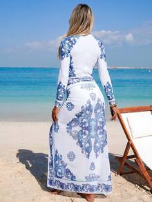 Swim Mulvari Bộ đồ bơi liền thân dài tay Burkini dành cho nữ, có kèm váy, thích hợp cho mùa xuân/hè, đi biển, dự tiệc. - Xanh và trắng - Xem 2