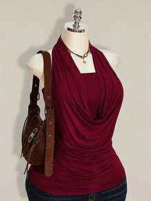 SHEIN ICON Plus Size 2pcs Western Women Going Out Summer Boho Halter Neck Brown Backless Women Tank Tops & Camis - Burgundy - View 11