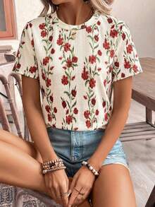 SHEIN Frenchy Women's Red And White Letter Print Round Neck Short Sleeve T-Shirt,Summer Vintage Everyday Retro Style Heat Transfer Heart Texture Soft Fabric Top - Multicolor - View 6