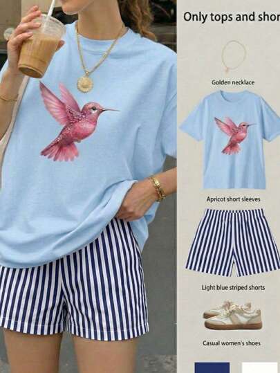 Set conjunto dama mujer femenino short rayas playera cuello redondo grafica estilo aestetic linda tierna dia primavera verano ave colibri brillo belleza rural sencillo pink destellos