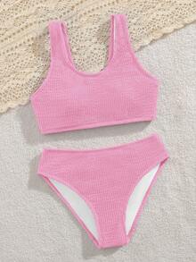 SHEIN 少女比基尼套装，欧美时尚简约优雅休闲针织波浪面料泳衣两件套，适合度假、游泳、夏季、海滩穿着 - 西瓜粉 - 查看 6