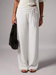 Avenya Light Grey High Waist Double Waist Tie Loose Leg Pants Loungewear Summer Casual - White - View 3