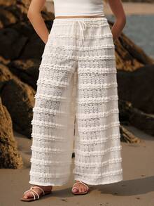 Enliva 大码波西米亚风秋冬女装休闲度假风纯色波点针织蕾丝荷叶边高腰直筒裤，适合海滩度假、西部乡村风音乐会度假等场合，也适合日常穿着。白色阔腿裤，适合苹果型和圆润身材，夏季穿着。 - 白色 - 查看 3